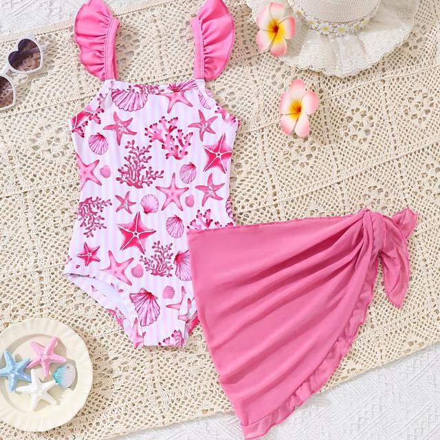 TEMU Girls' Swimsuit, Fashionable Full-print Starfish And Seashell Pattern, Lace Strap Triangle Bodysuit With Lace Chiffon Skirt Wrap, Two-piece Set