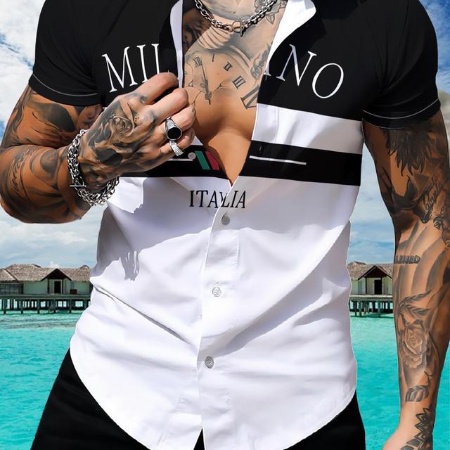 TEMU เสื้อเชิ้ตแขนสั้นกระดุมหน้าสำหรับผู้ชาย ใส่สบายรับซัมเมอร์ ลาย Milan ITALIA สุดเก๋ เหมาะกับใส่เที่ยวฮาวายสบายๆ