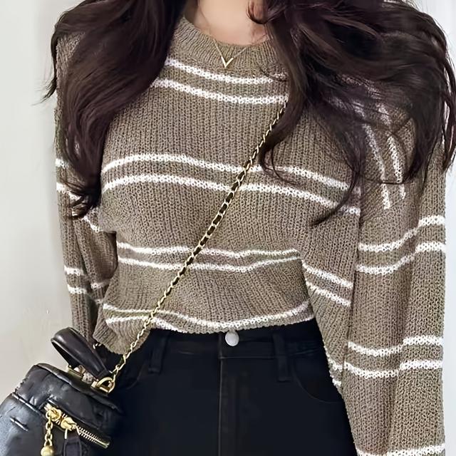 TEMU シアーショートセータージャケット - ストライプ半シアーカーディガン - フリーウエスト、ホワイト/ブラック/ベージュ/ネイビー横ストライプ、春夏秋レイヤリングアイテム、トブラウス（洗濯機対応）