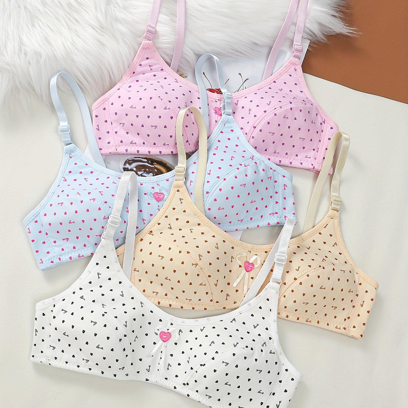 TEMU 4pcs Girls' Cute Bow-decorated Heart Print Training Bras - Breathable & Comfortable With Adjustable Straps, Medium Stretch, No Padding, Wear 9-12, Everyday & Casual Wear, Girls Underwear, Design,