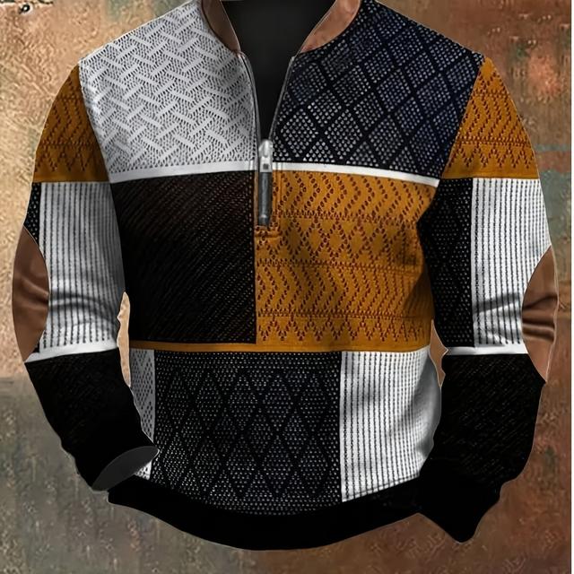 TEMU [knitwear-printed] Men's 3d Printed 1/4 Zip-up Stand Collar Sweatshirt, Retro Geometric Color Block Long Sleeve Sweatshirt, Warm And Comfortable Pullover For Spring/autumn/winter, Holiday Gift