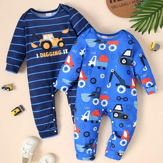 TEMU Boys' Spring/summer Round Neck Long Sleeve Cartoon Construction Vehicle Print Romper Two-pack, Boys' Autumn/winter Romper, Perfect For Outdoor