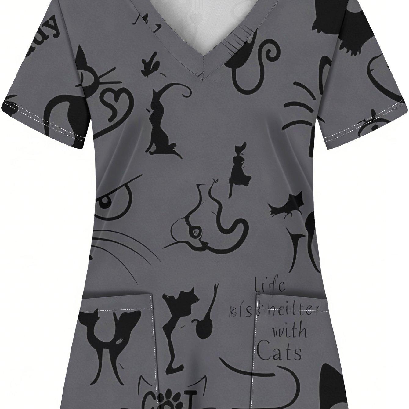 TEMU Uniforme de enfermera de manga corta para mujer con estampado de de gatos negros, texto como "Lady" y "Cat Mom", elegante top de cuello en bolsillos