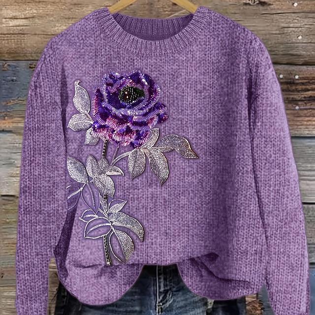 TEMU Plus Size - Plus Size - 2025 Autumn And Winter New Women's Floral Pattern Printed Breathable Casual Fashion Retro Style Sweater - Fabric, Machine Washable