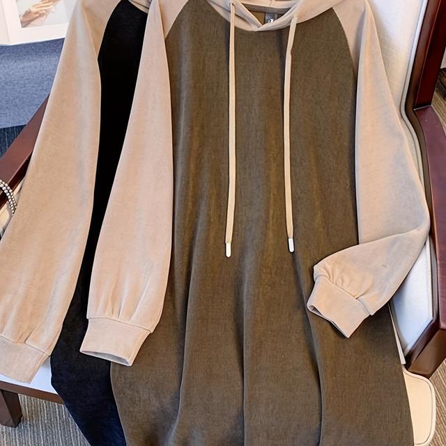 TEMU プラスサイズ カラーブロック スウェットシャツドレス 2025年新作 軽量 ゆったりフィット お腹 フード付き 長袖 ロングスウェットシャツドレス 春秋用 トで 日常カジュアル 週末のお出かけ 通勤 パーティーに最適