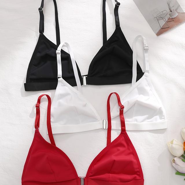 TEMU 3pcs Women's Elegant Front Clasp Wireless Bras, Nylon And Elastane, Seamless & Comfortable, Adjustable Straps, Breathable Lingerie For Casual Attire
