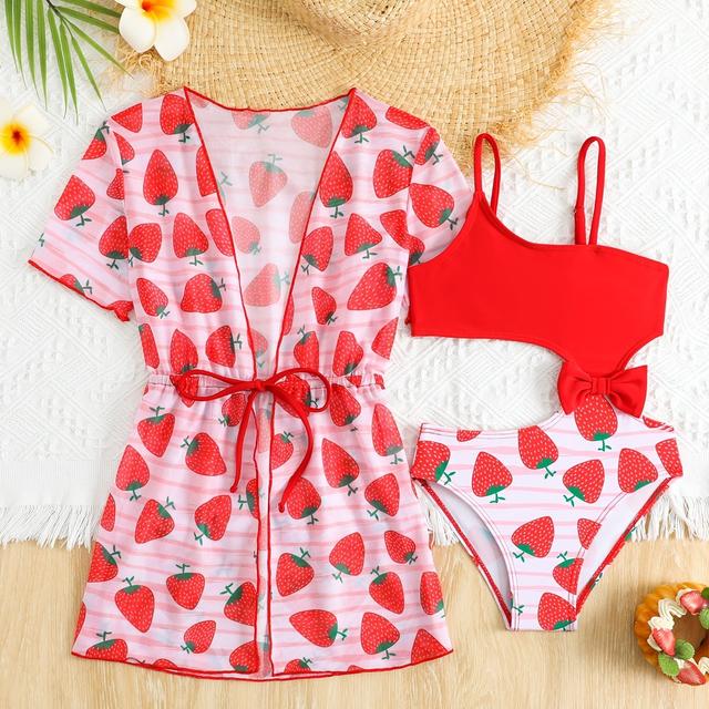 TEMU Set van 2 Stuks: Aardbeienprint Uitgesneden Strikje Eendelig Badpak & Vest voor Jonge Meisjes