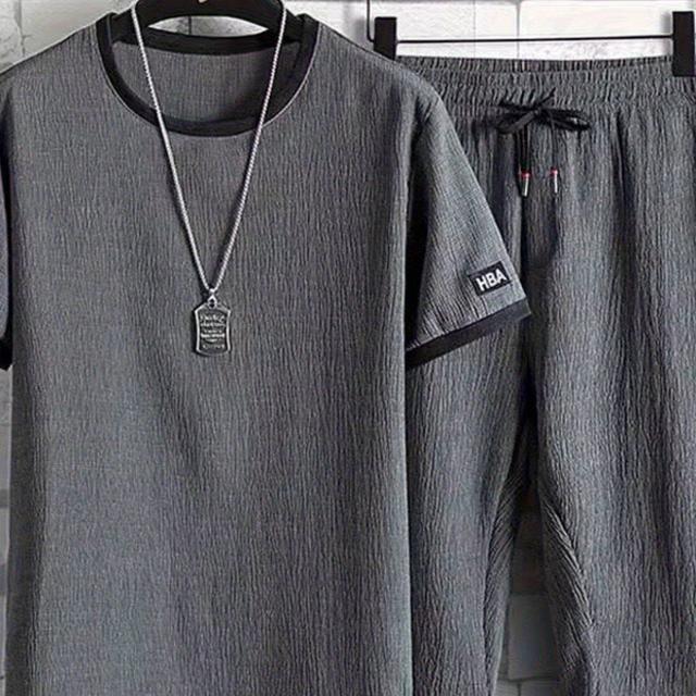 TEMU メンズTシャツ&ショーツ2点セット ポケット付き カジュアルスーツ スポーティウェア 高校生向け 夏用 軽量速乾 クールス 伸縮性ストリートスタイル 毎日着用 シニア向け