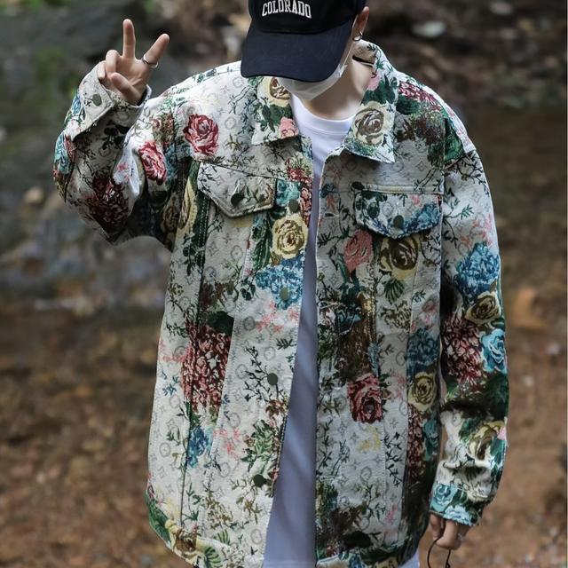 TEMU メンズレトロスタイル3Dジャカードデニムジャケット、花柄パターンヘビーエンバリディングとなカラー、カジュアルとスポーツのイベントに最適、ファッショナブルでな男性にとって必須品です。