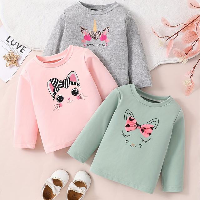 TEMU Katzen-Einhorn Trendiges Langarm-Rundhals--Sportshirt-Set für Mädchen – Frühling/Sommer Casual Sport