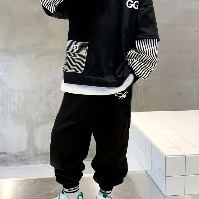 TEMU Boys' Spring And Autumn Two-piece Set With Round Neck, Featuring A Design With Print Stripes And Letters, For Outdoor