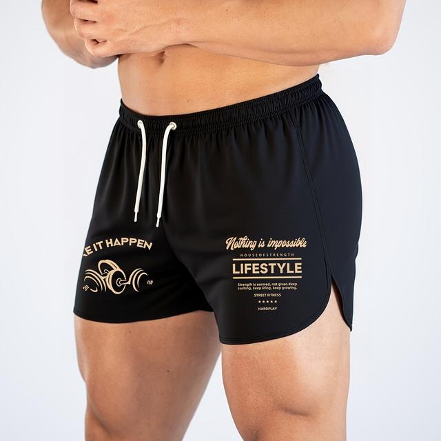 TEMU Calções Desportivos Pretos Masculinos com Estampado Fitness - Elásticos, Respiráveis, do Joelho, com Cintura Elástica para Corrida, Treino, Fitness, Jogging - Cor Sólida, Ajustados