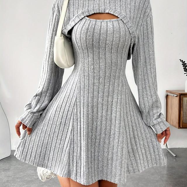 TEMU 2pcs Set Women' Color Hooded Long Sleeve Mini Dress And Top, Casual Knit Polyester 100% , Spring/fall Collection