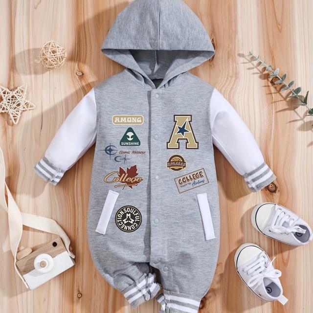 TEMU Iurnxb Baby Hooded Romper - Casual Letter Print Long Sleeve Onesie For Spring/fall, Soft Polyester Blend, Outdoor