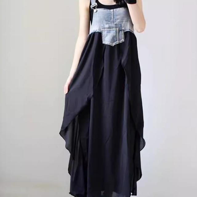 TEMU レディースデニムスーツ - カジュアルなノースリーブパッチワークデザイン