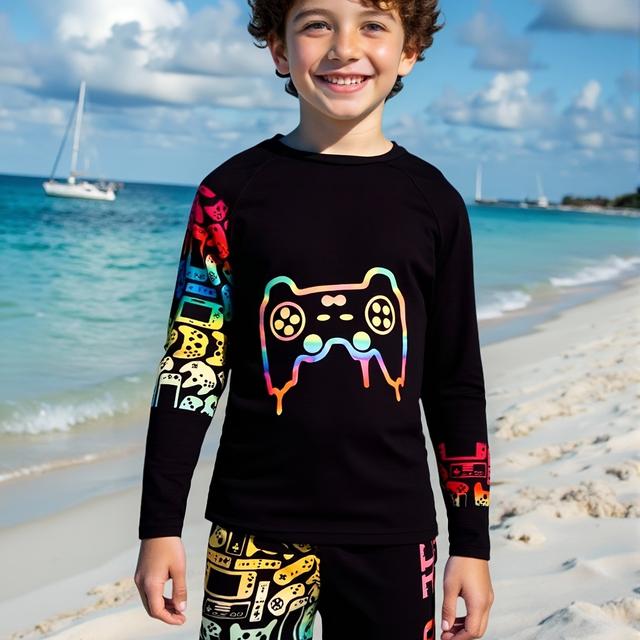 TEMU Boys' Long Sleeve Turtleneck Shorts 2pcs Swimsuit Set, With Colorful Game Controller Pattern, Full Sense, And Fun, Suitable For Swimming, Surfing, Family , Swimming Pool Training, , Summer Beach