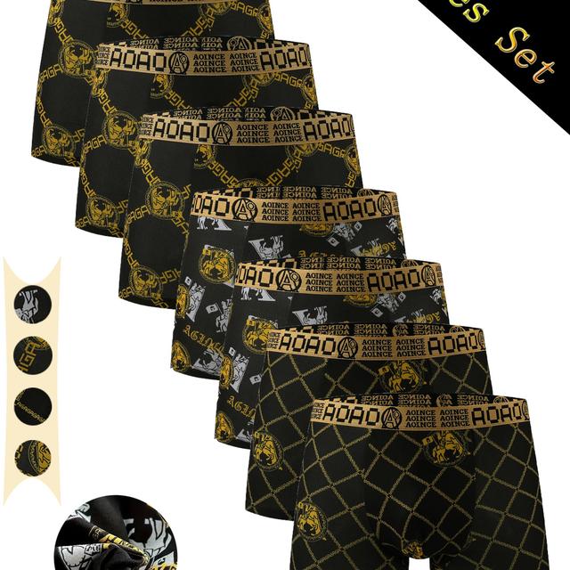 TEMU 7er-Set luxuriöser schwarzer und goldener Boxershorts für Herren - bequem, atmungsaktiv, , stilvolles geometrisches Musterdesign