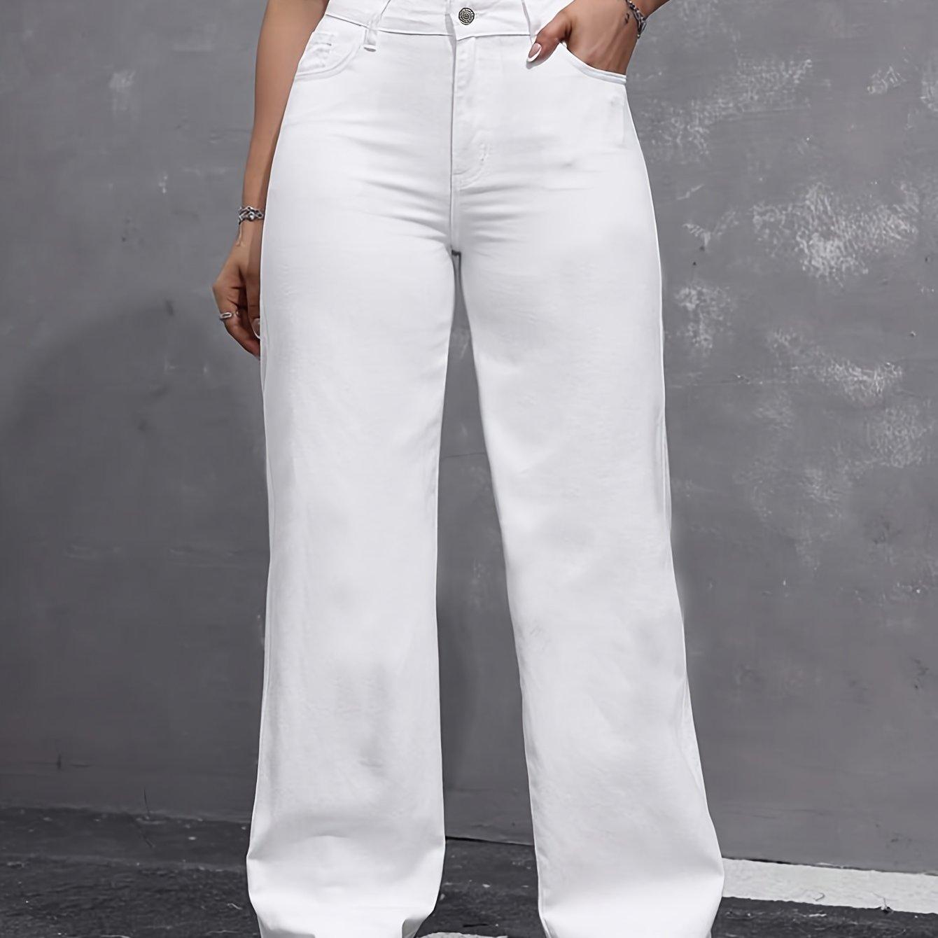 TEMU White Fashion Versatile Elastic Rubber Waistband Women's Wide Leg Jeans