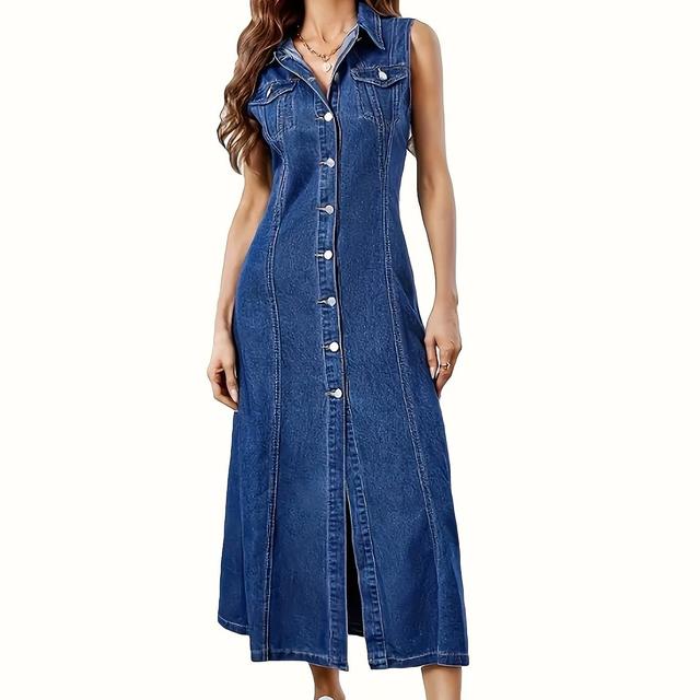 TEMU Robe longue en denim bleu foncé délavé à simple boutonnage et manches, jeans et vêtements en denim pour femmes.