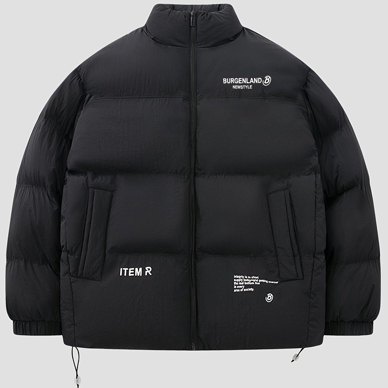TEMU High-quality Men's Printed Letter Collar Padded Coat, Warm Thickened Cold-resistant Hip-hop Style Winter Parka Padded Jacket, Student Sportswear Top, Men's Outerwear