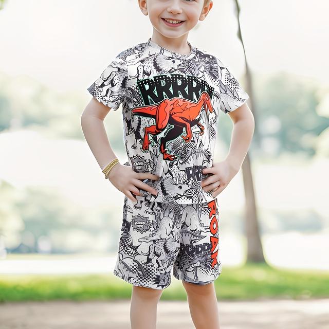 TEMU 2-teiliges Jungen Freizeit Cartoon Cooles Dinosaurier Druck Bequemes Vielseitiges Kurzarm T-Shirt & Shorts Set, Coole, Leichte Und Bequeme Sommerkleidung Für Den Täglichen Gebrauch & Outdoor