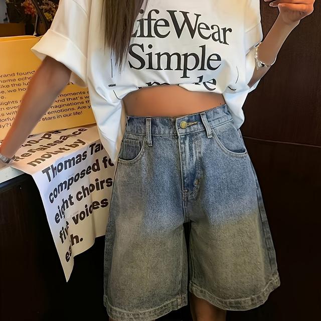 TEMU -waist Capri Jeans With Elastic Waist, Vintage Loose Fit, Pear-shaped Figure, Wide-leg, Versatile Women's Denim Capris