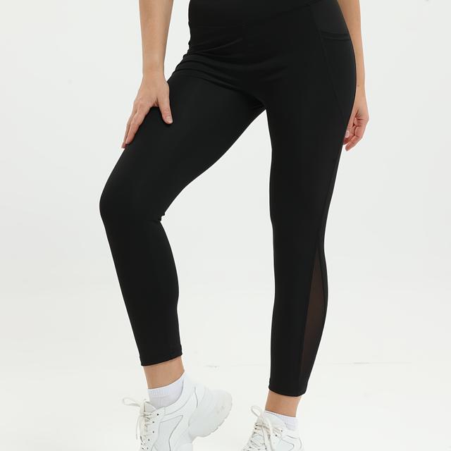 TEMU Leggings de Yoga Respiráveis de Cintura para Mulheres - Sexy, Elásticas, com Painéis de Malha, de Bolso, Perfeitas para Corrida & Fitness, Uso em Todas as , Mistura de Poliéster/Elastano