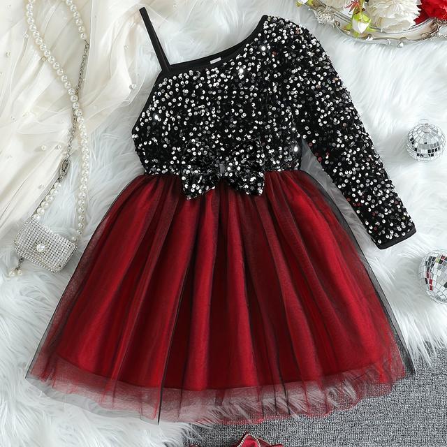TEMU Mädchen Niedliches Casual Weihnachts-Schwarz Pailletten Halbarm Schleifenkleid für Feiertage, Thanksgiving, Black Friday, Weihnachtsfeier, , , etc