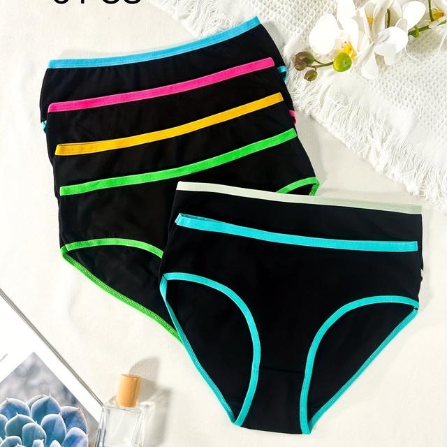 TEMU 6-pack 's Plus Size Neon Colorblock Underwear - Mid-rise Triangle Briefs With Turquoise, Pink & Multicolor Neon Striped Waistband, Black Low-rise- (no Dryer) - For & (bulk Pack), For Teenager