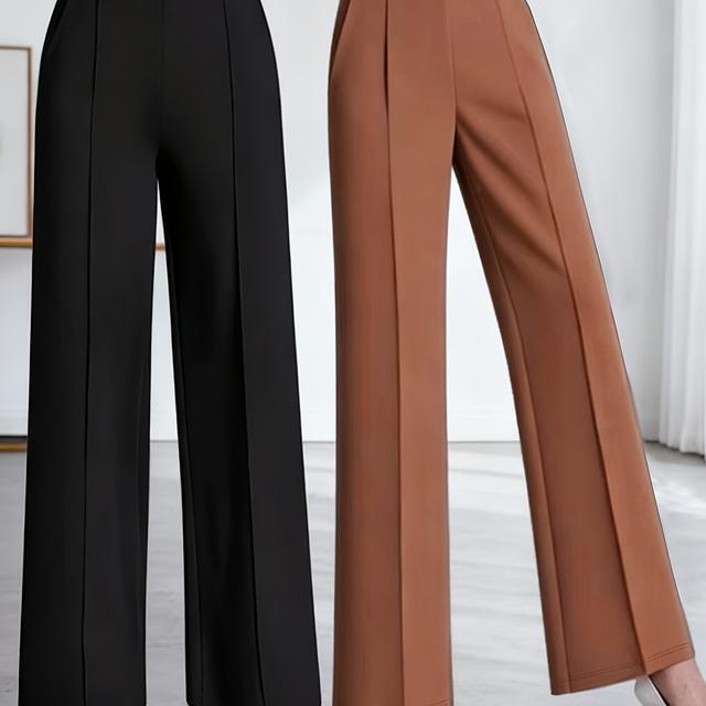 TEMU Plus Size - A Two-piece Women's Outfit Featuring Elegant High-waisted Slant Pockets, Solid Color Wide-leg Pants Suitable For All , And Casual Loose Trousers Ideal For Work And The Office