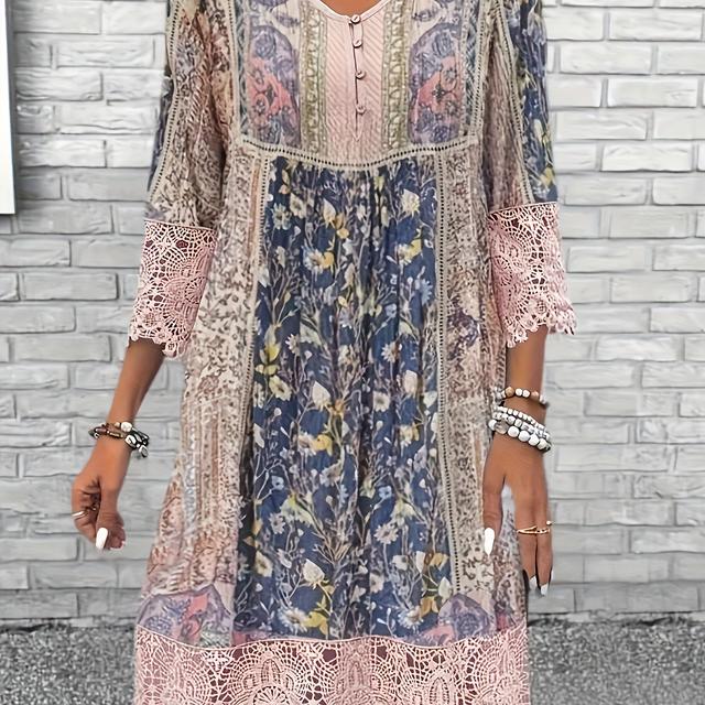 TEMU Plus Size - And Autumn Stylish Printed Lace Elegant Plus-size Dress