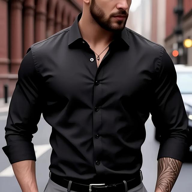 TEMU Men's Slim-fit Long Sleeve Dress Shirt - Solid Color Green, Button-up Collar, Non-stretch Fabric, Business Casual Or Weekend Wear, Shirt|sleek Appearance|singlebreasted Shirt