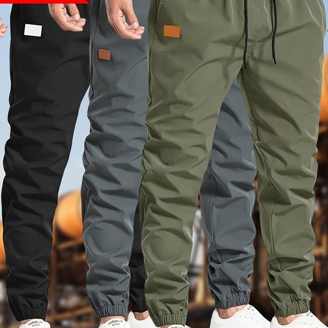 TEMU 3er-Set Herren Jogginghosen in Unifarben mit Kordelzug - Lässige Cargo-Crop-Hosen, Polyester, Maschinenwaschbar, in Schwarz, Dunkelgrau, Olivgrün mit Patch-Detail