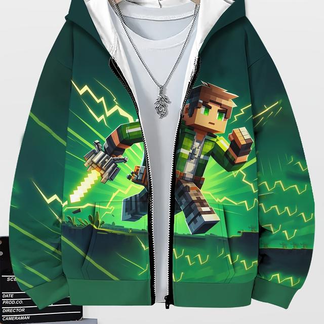 TEMU Boys' Casual Hooded Sports Suit With Geometric Block Sandbox Game Character Print - Regular Fit With Pockets, Stretch Knit Fabric For Daily And Casual Wear, Autumn/winter, Polyester