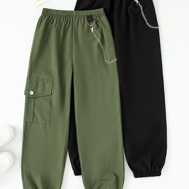 TEMU 2-pack Girls' Casual Solid Color Long Pants With Pockets And Chain Detail, Elastic Waist, Polyester 100%, Non-stretch Fabric, Regular Fit, Woven, For Spring/fall, Teen - Hwmfsnhfz, For Outdoor