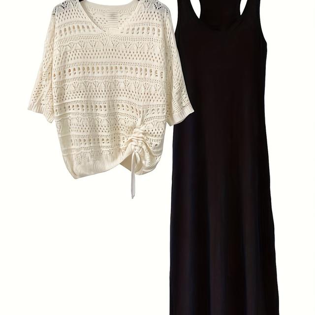 TEMU 新作レディースファッション ホローツーピースセット 薄手バットスリーブホールシャツドレスセット ライトベージュ 快適で多用途