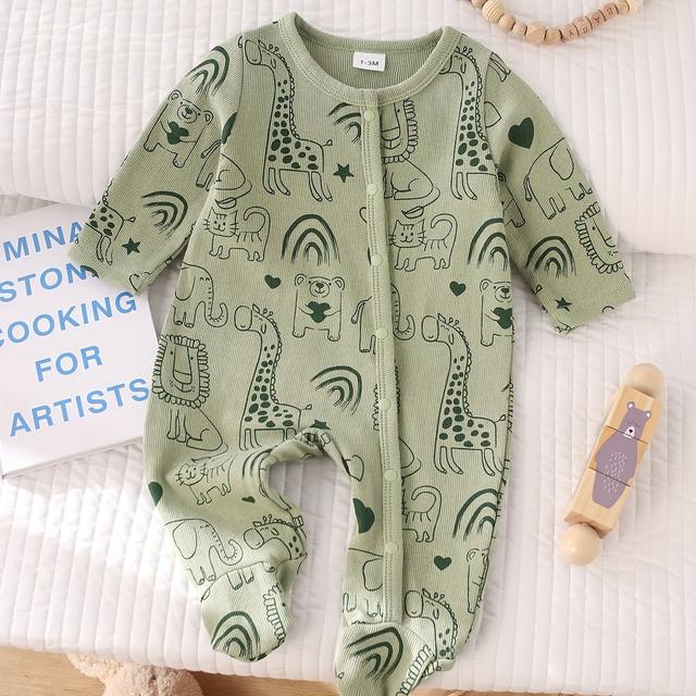 TEMU Adorable Animal Print Long Sleeve Romper With Footed Pockets - Soft Pink Onesie For Newborns, Cute Bear & , Snap Closure, Spring/fall, Baby Romper, Easy Diaper Change, Babywear, Outdoor