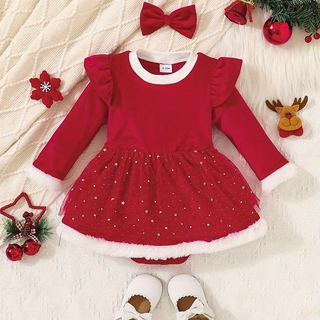 TEMU Christmas Baby Girl Dress With Red Flutter Sleeves, Sequined Tulle Skirt + Headband For Baby Girl With Triangle Bodysuit, For Outdoor