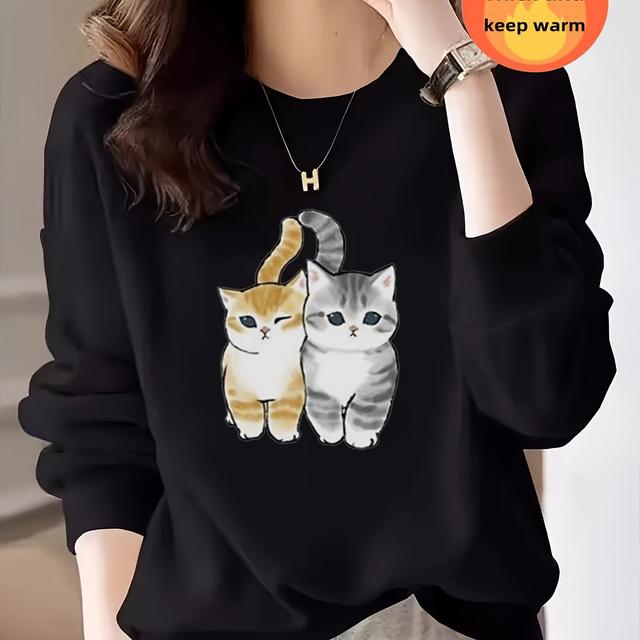 TEMU 女性用厚手暖かい猫プリントセーター - ブリティッシュショートヘアタビーキャットデザイン、柔らかく通気性の良いプルオーバー、猫好きにの冬用セーター、洗濯機対応オールセーターギフト