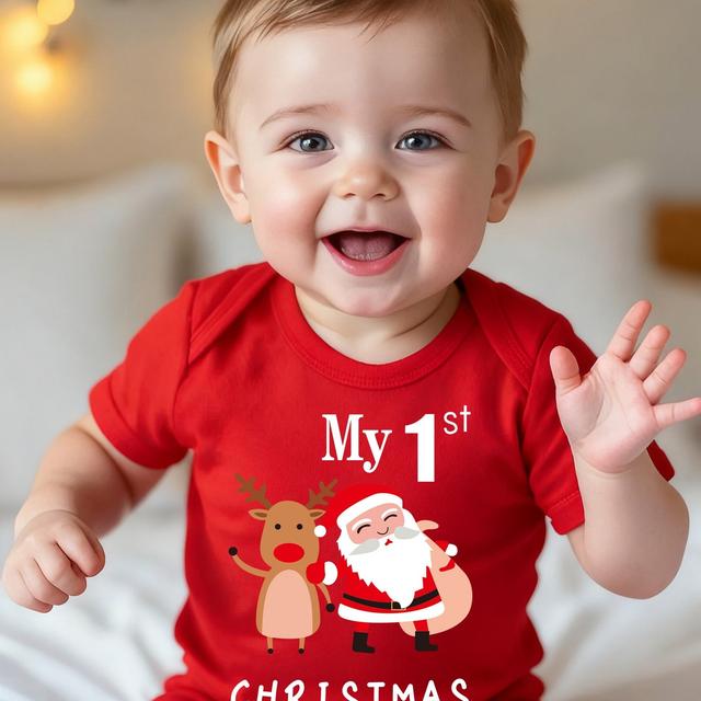 TEMU My 1st Christmas Cute Reindeer Pattern Christmas Cartoon Print Newborn Romper Summer Short Sleeve Baby Onesie Pregnancy Gift, Perfect For Outdoor