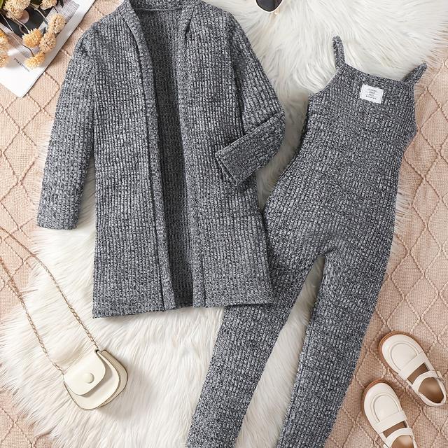 TEMU Spring And Autumn Girls' Nordic Minimalist Floral Gray Medium-long Cardigan Coat Suspender Jumpsuit Long Pants 2pcs Set, For Outdoor