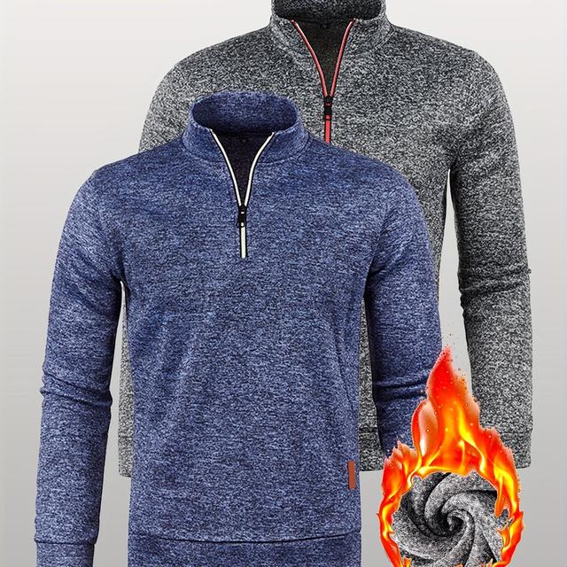 TEMU 2-pack Men's Thermal Pullover Hoodies, Solid Color Half-zip Sweatshirts, Casual Polyester Knit Long Sleeve Tops For Outdoor & Hiking, Regular Fit With Collar