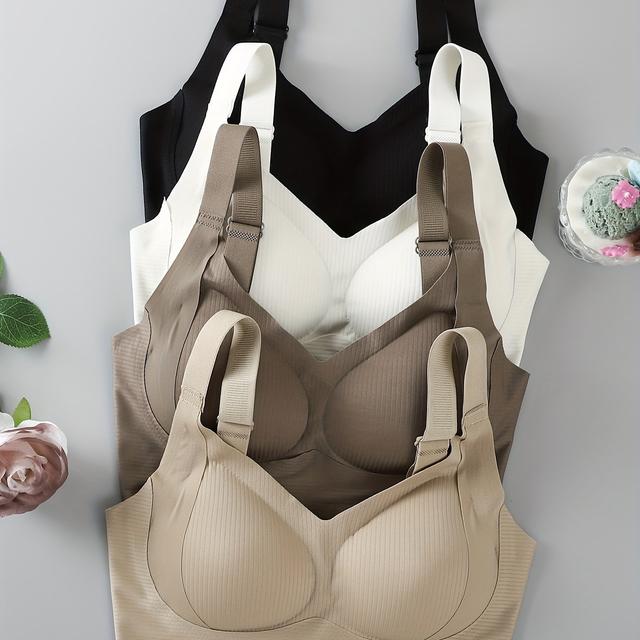 TEMU 4pcs Women' Sports Bras, Wire-free Breathable Supportive Striped Ribbed Design With Adjustable Straps And Back Closure For Lifting Gathering No Show Underwire Tank Top Bra