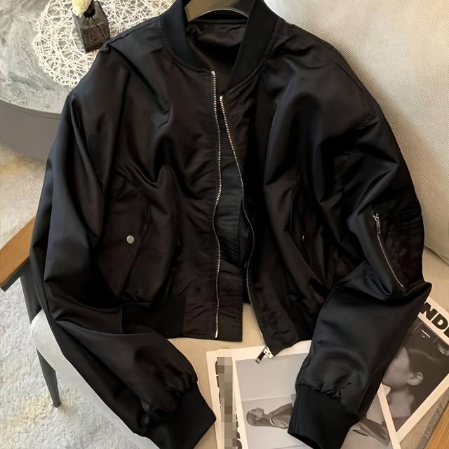 TEMU 2025 Women's Short Black Jacket, Spring/autumn Casual Zipper Cardigan, Thin Baseball Flight Suit Top