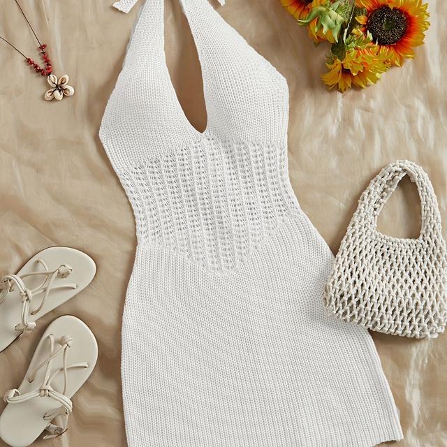 TEMU Women's Knit Crochet Hollow Beach Dress - Polyester Deep V Neck Rash Guard With Medium Stretch, Solid -up For Spring/summer/fall