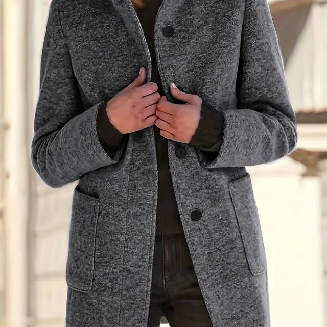 TEMU Eleganter Vintage-inspirierter Knopf-Fleecemantel für Damen - Stehkragen, Einfarbig, Maschinenwaschbar