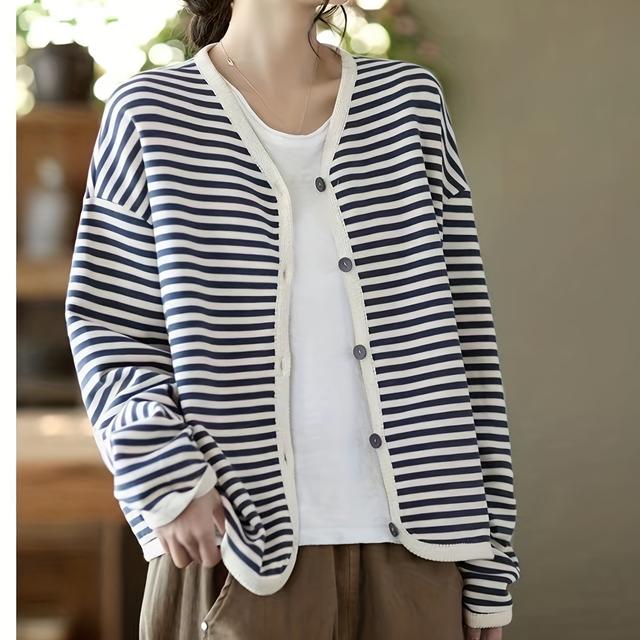 TEMU プラスサイズ、カジュアルでなストライプ柄レディースコート、春秋新作、繊細なトリム付き、シングルブレストボタン長袖カーディガントップ、重ね着や単独着用に最適、快適でト