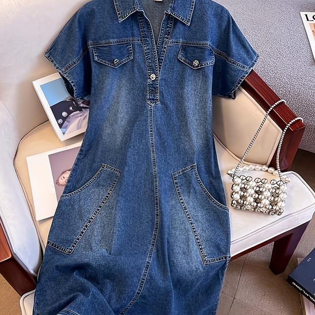 TEMU Chic Unique Turn- Collar Thin Elastic Denim Dress For Women With Short Sleeves