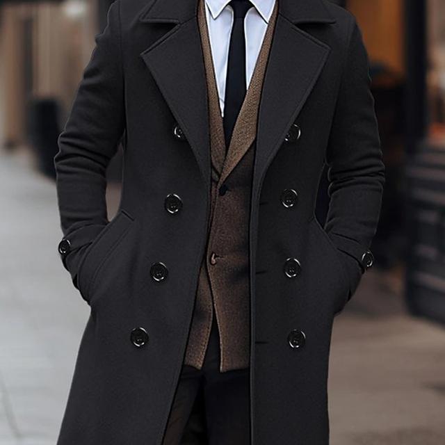 TEMU Western Winter Men's Casual Long Coat With Lapel And Multi-pockets, Double-breasted Overcoat