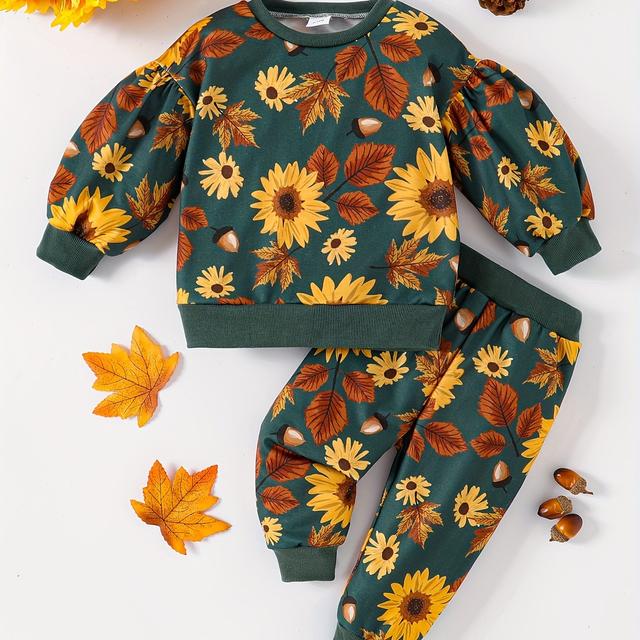 TEMU 2-piece Set, Girls Toddler Cute Sunflower & Print Long Sleeve Pullover Sweatshirt With Casual Pants, Stretchy Knit, Round Neck, Regular Fit, Polyester, Fall/winter Outfit, For Outdoor